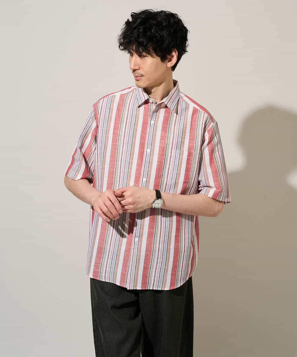 KHBGD35069 a.v.v MEN(アー・ヴェ・ヴェ) サラッと涼しい 5分袖マルチストライプワイドシルエットシャツ【洗濯機で洗える】 ブルー