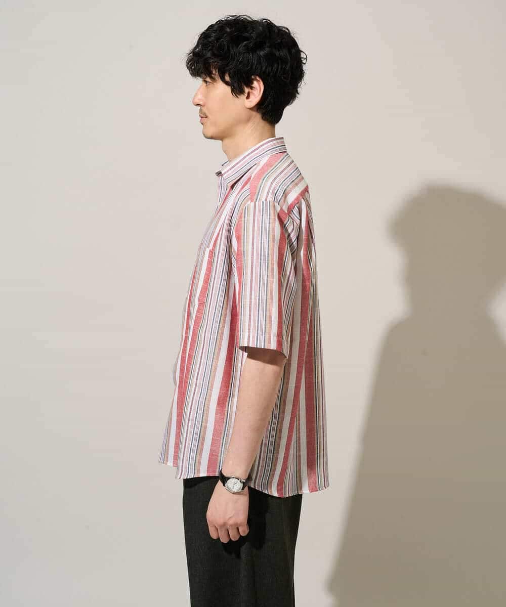 KHBGD35069 a.v.v MEN(アー・ヴェ・ヴェ) サラッと涼しい 5分袖マルチストライプワイドシルエットシャツ【洗濯機で洗える】 ブルー