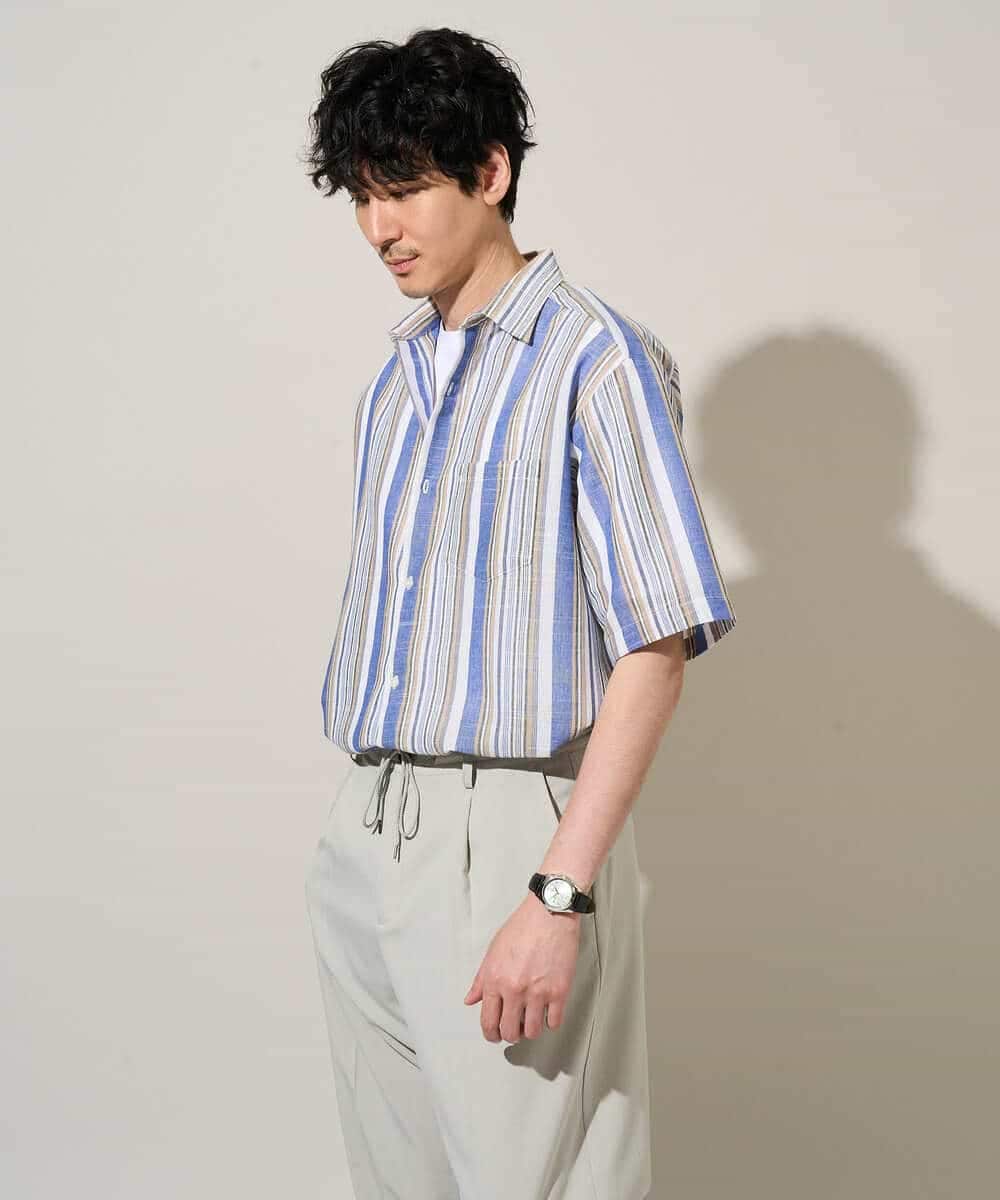 KHBGD35069 a.v.v MEN(アー・ヴェ・ヴェ) サラッと涼しい 5分袖マルチストライプワイドシルエットシャツ【洗濯機で洗える】 ブルー