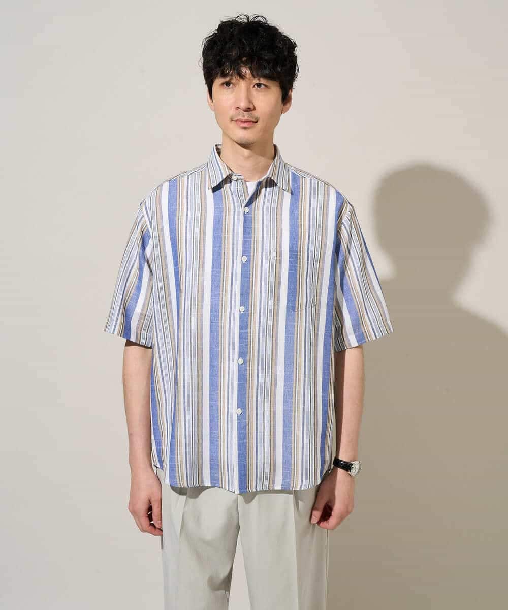 KHBGD35069 a.v.v MEN(アー・ヴェ・ヴェ) サラッと涼しい 5分袖マルチストライプワイドシルエットシャツ【洗濯機で洗える】 ブルー