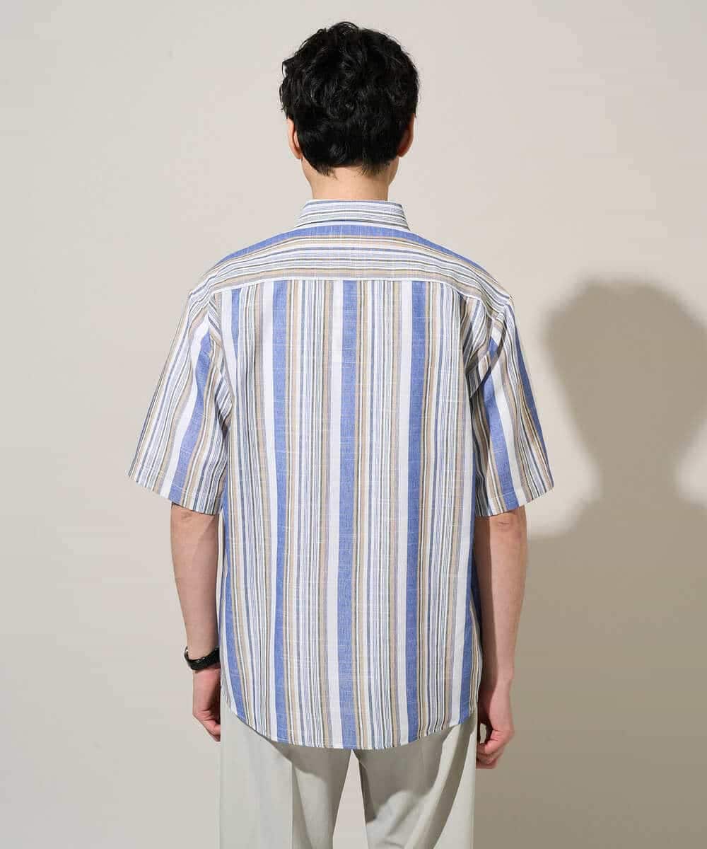 KHBGD35069 a.v.v MEN(アー・ヴェ・ヴェ) サラッと涼しい 5分袖マルチストライプワイドシルエットシャツ【洗濯機で洗える】 ブルー