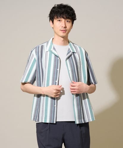 KHBGD47079 a.v.v MEN 【イージーケア/洗濯機で洗える/毛玉になりにくい/ストレッチ】シアサッカープリントオープンカラーシャツ
