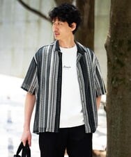 KHBGD61069 a.v.v MEN(アー・ヴェ・ヴェ) ニットストライプ オープンカラーシャツ【五分袖 / 洗濯機で洗える】 ダークグレー