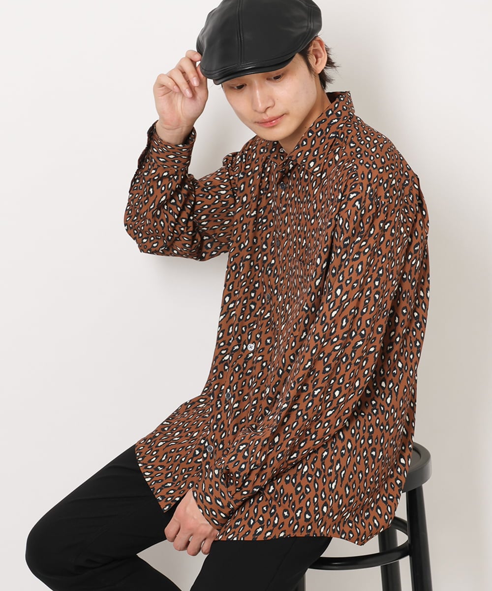 KHBJS06069 a.v.v MEN(アー・ヴェ・ヴェ) レオパード柄プリントワイドシャツ ブラウン