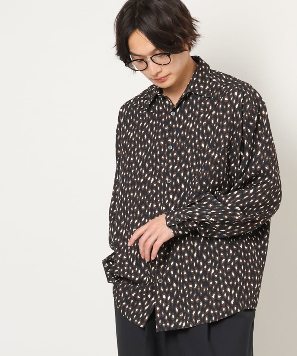 KHBJS06069 a.v.v MEN(アー・ヴェ・ヴェ) レオパード柄プリントワイドシャツ ブラウン