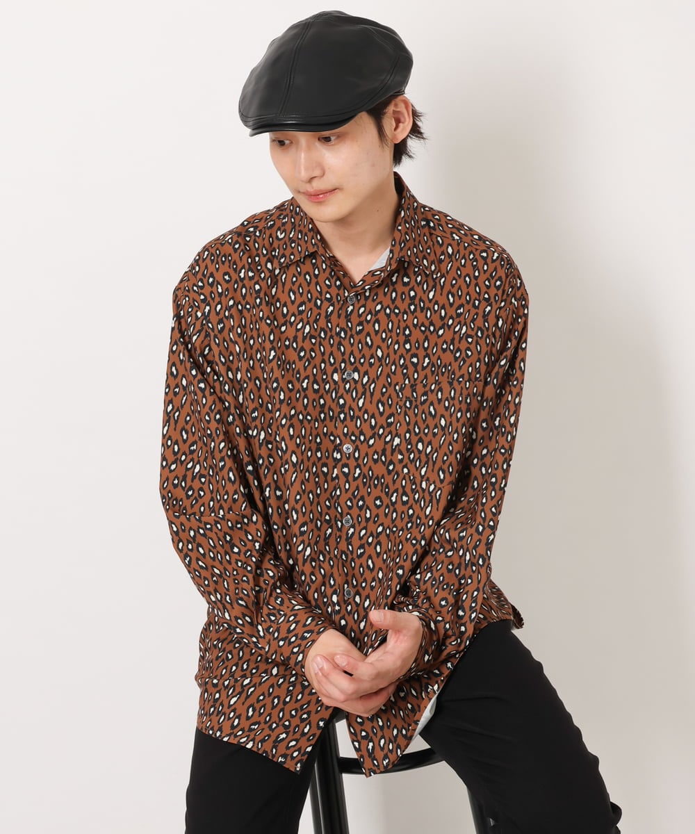 KHBJS06069 a.v.v MEN(アー・ヴェ・ヴェ) レオパード柄プリントワイドシャツ ブラウン