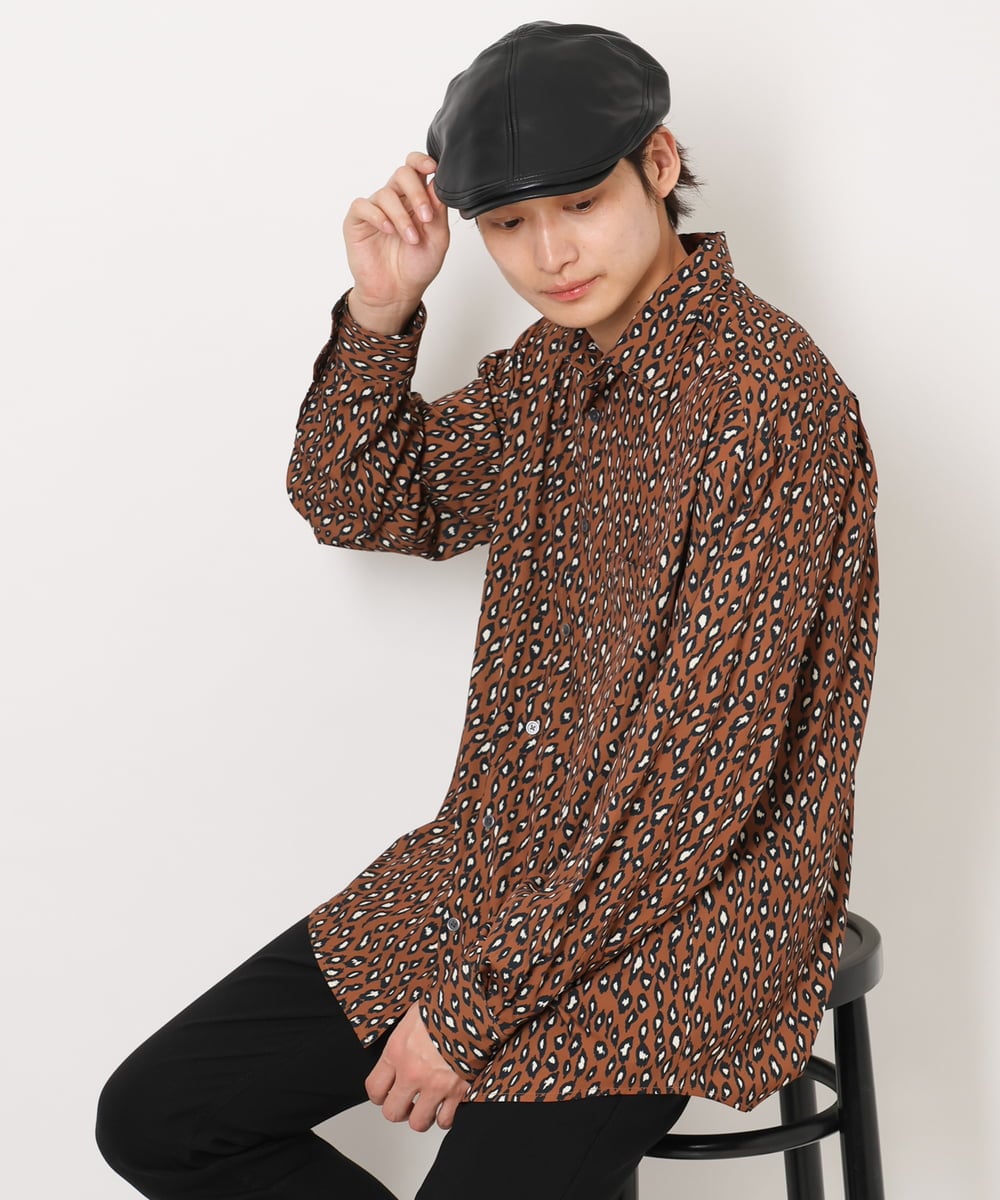 KHBJS06069 a.v.v MEN(アー・ヴェ・ヴェ) レオパード柄プリントワイドシャツ ブラウン