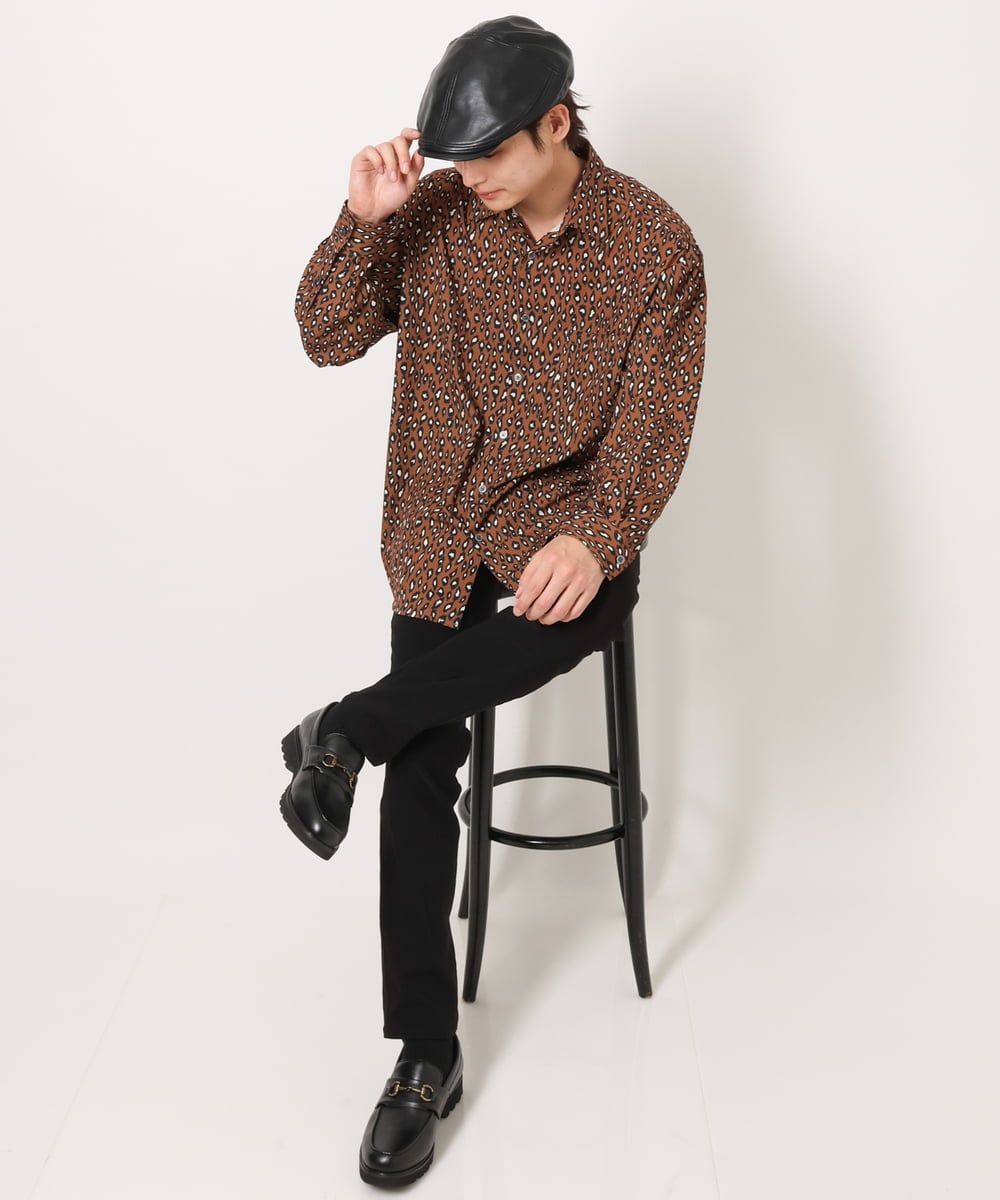 KHBJS06069 a.v.v MEN(アー・ヴェ・ヴェ) レオパード柄プリントワイドシャツ ブラウン