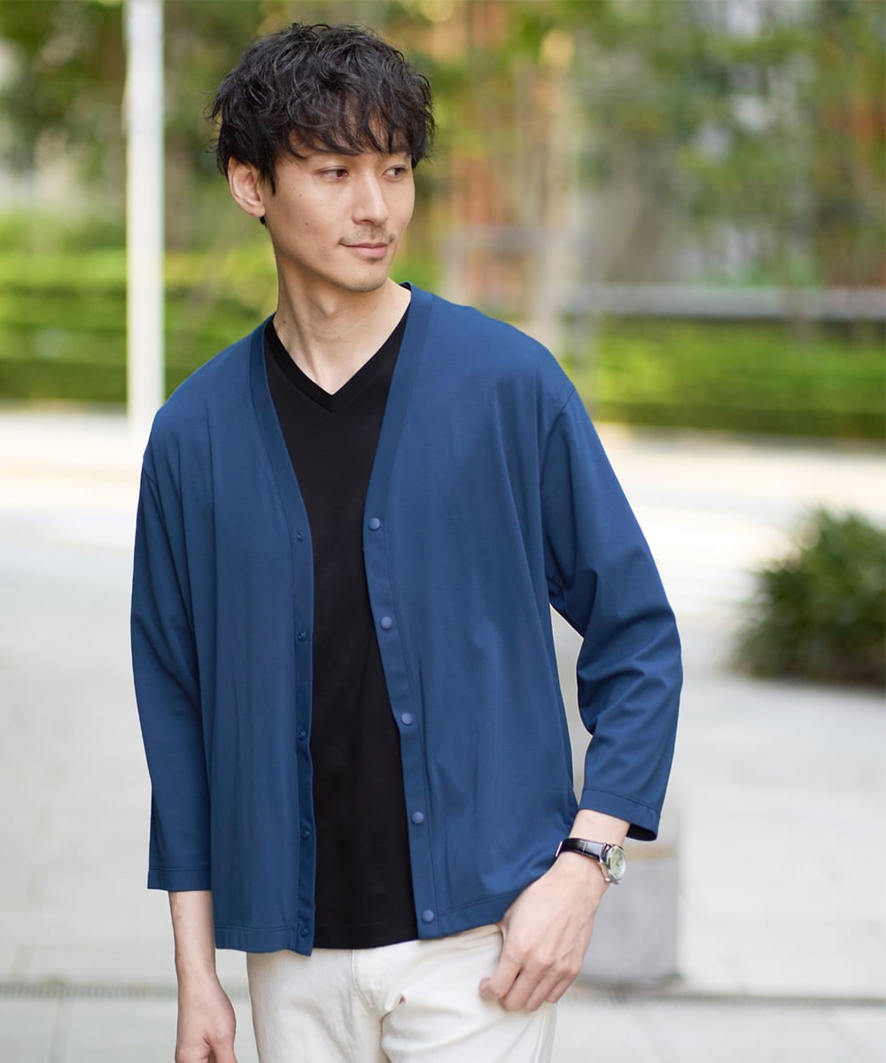 KHCFA10049 a.v.v MEN(アー・ヴェ・ヴェ) 【接触冷感】さらさらタッチVネックカーディガン ブルー