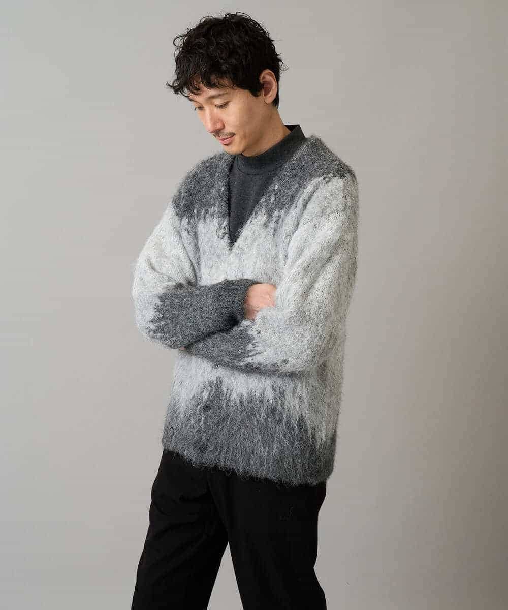 KHCLA25089 a.v.v MEN(アー・ヴェ・ヴェ) ボカシ柄起毛シャギーワイドカーディガン ダークグレー系