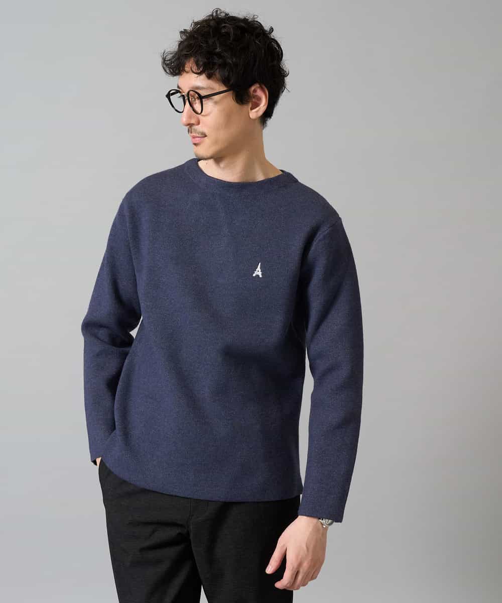KHFAD60049 a.v.v MEN(アー・ヴェ・ヴェ) 【洗濯機で洗える】ワンポイント刺繍ボートネックニット ネイビー