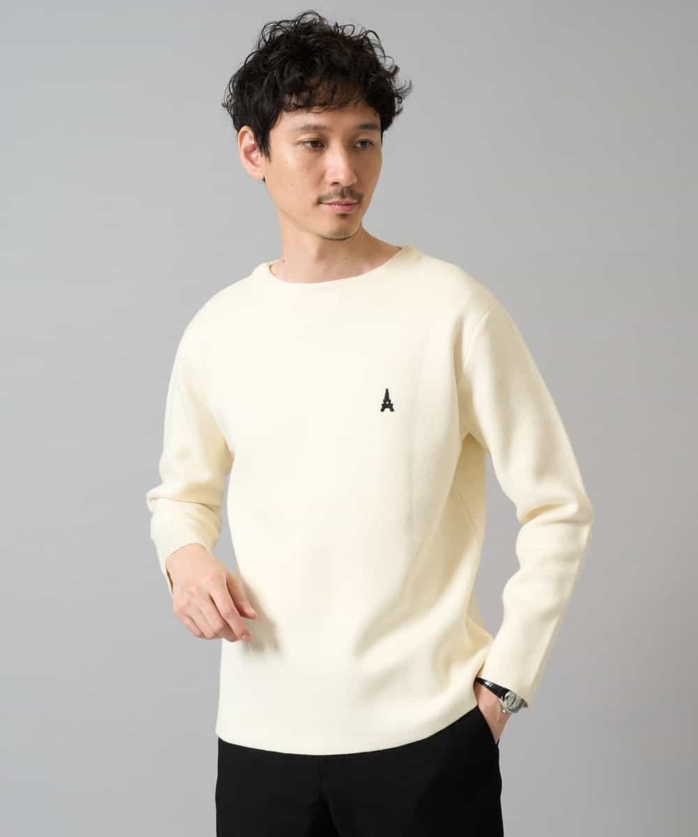 KHFAD60049 a.v.v MEN(アー・ヴェ・ヴェ) 【洗濯機で洗える】ワンポイント刺繍ボートネックニット アイボリー