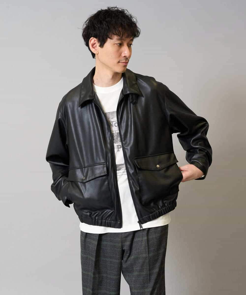 KHJJA12129 a.v.v MEN(アー・ヴェ・ヴェ) 【洗濯機で洗える】フェイクレザーブルゾン ブラック