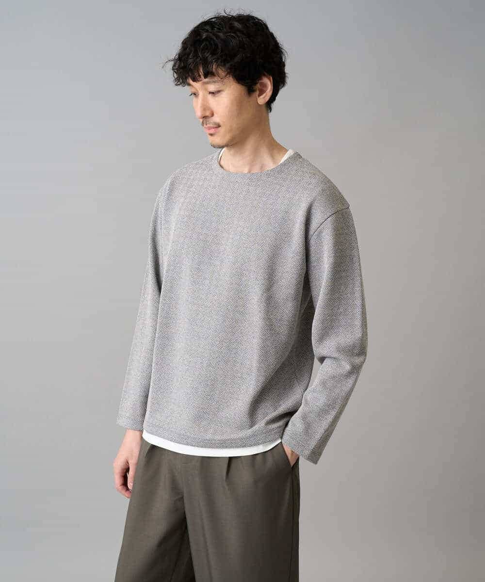 KHKED04049 a.v.v MEN(アー・ヴェ・ヴェ) ＼秋のライトアウター映えカットソー／変形ヘリンボンフェイクレイヤードカットソー【イージーケア/洗濯機で洗える/毛玉になりにくい】 グレー