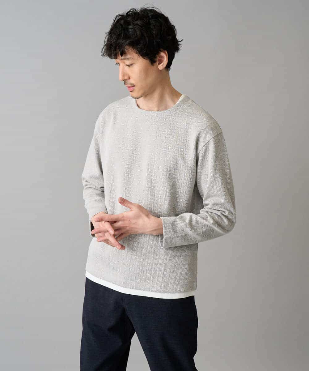 KHKED04049 a.v.v MEN(アー・ヴェ・ヴェ) ＼秋のライトアウター映えカットソー／変形ヘリンボンフェイクレイヤードカットソー【イージーケア/洗濯機で洗える/毛玉になりにくい】 グレー