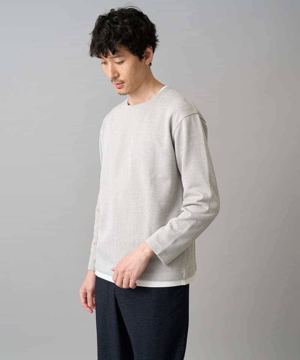 KHKED04049 a.v.v MEN(アー・ヴェ・ヴェ) ＼秋のライトアウター映えカットソー／変形ヘリンボンフェイクレイヤードカットソー【イージーケア/洗濯機で洗える/毛玉になりにくい】 グレー