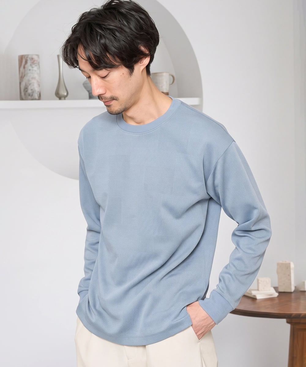 KHKFD13049 a.v.v MEN(アー・ヴェ・ヴェ) ＼秋の上品見えカットソー／タックジャカードクルーネックプルオーバー【イージーケア/洗濯機で洗える/毛玉になりにくい】 ライトブルー