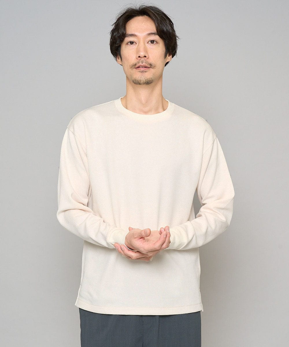 KHKFD13049 a.v.v MEN(アー・ヴェ・ヴェ) ＼秋の上品見えカットソー／タックジャカードクルーネックプルオーバー【イージーケア/洗濯機で洗える/毛玉になりにくい】 アイボリー