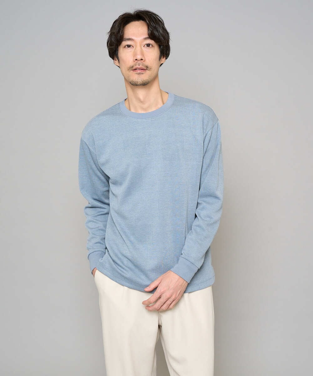 KHKFD13049 a.v.v MEN(アー・ヴェ・ヴェ) ＼秋の上品見えカットソー／タックジャカードクルーネックプルオーバー【イージーケア/洗濯機で洗える/毛玉になりにくい】 アイボリー