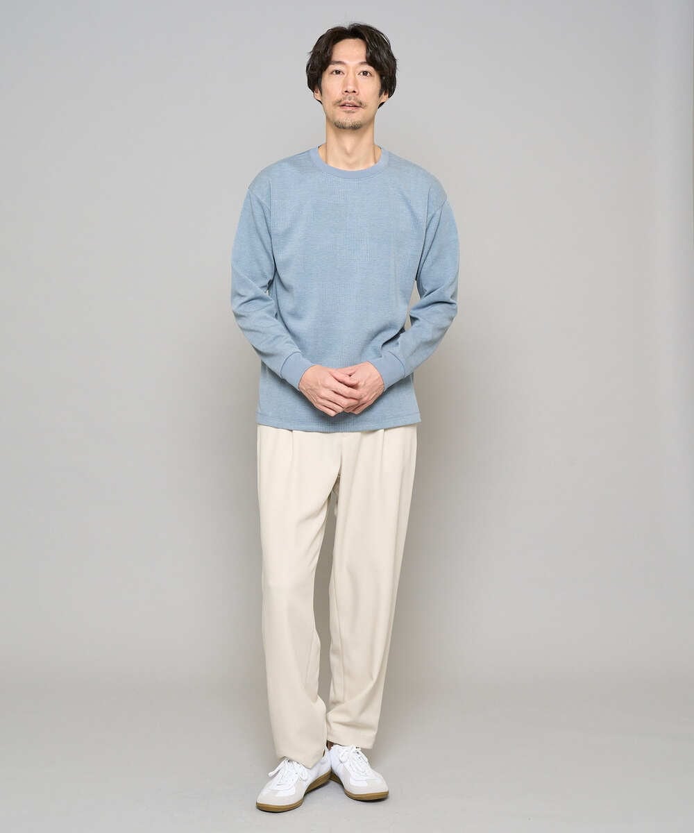 KHKFD13049 a.v.v MEN(アー・ヴェ・ヴェ) ＼秋の上品見えカットソー／タックジャカードクルーネックプルオーバー【イージーケア/洗濯機で洗える/毛玉になりにくい】 アイボリー