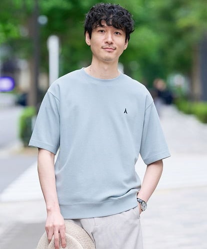 KHKGD89039 a.v.v MEN 夏カットソー人気NO.1【接触冷感】ライトアゼ１ポイントシシュウスウェットＴ〈イージーケア/洗濯機で洗える/毛玉になりにくい〉