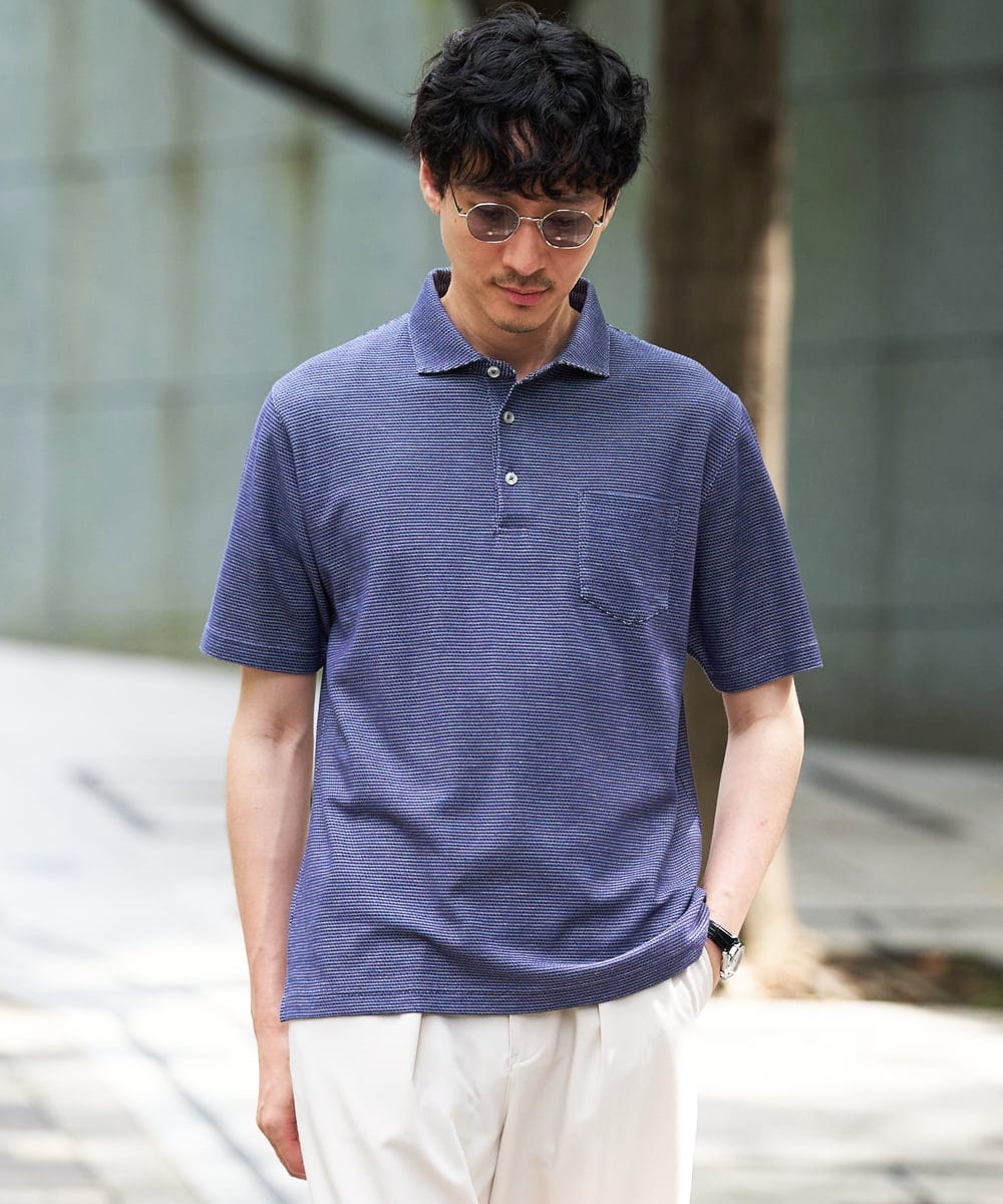 KHKHD46059 a.v.v MEN(アー・ヴェ・ヴェ) ＼シンプルすぎない大人の表情／ハニカムウラボーダーポロシャツ【接触冷感/洗濯機で洗える/イージーケア/ストレッチ】 ネイビー