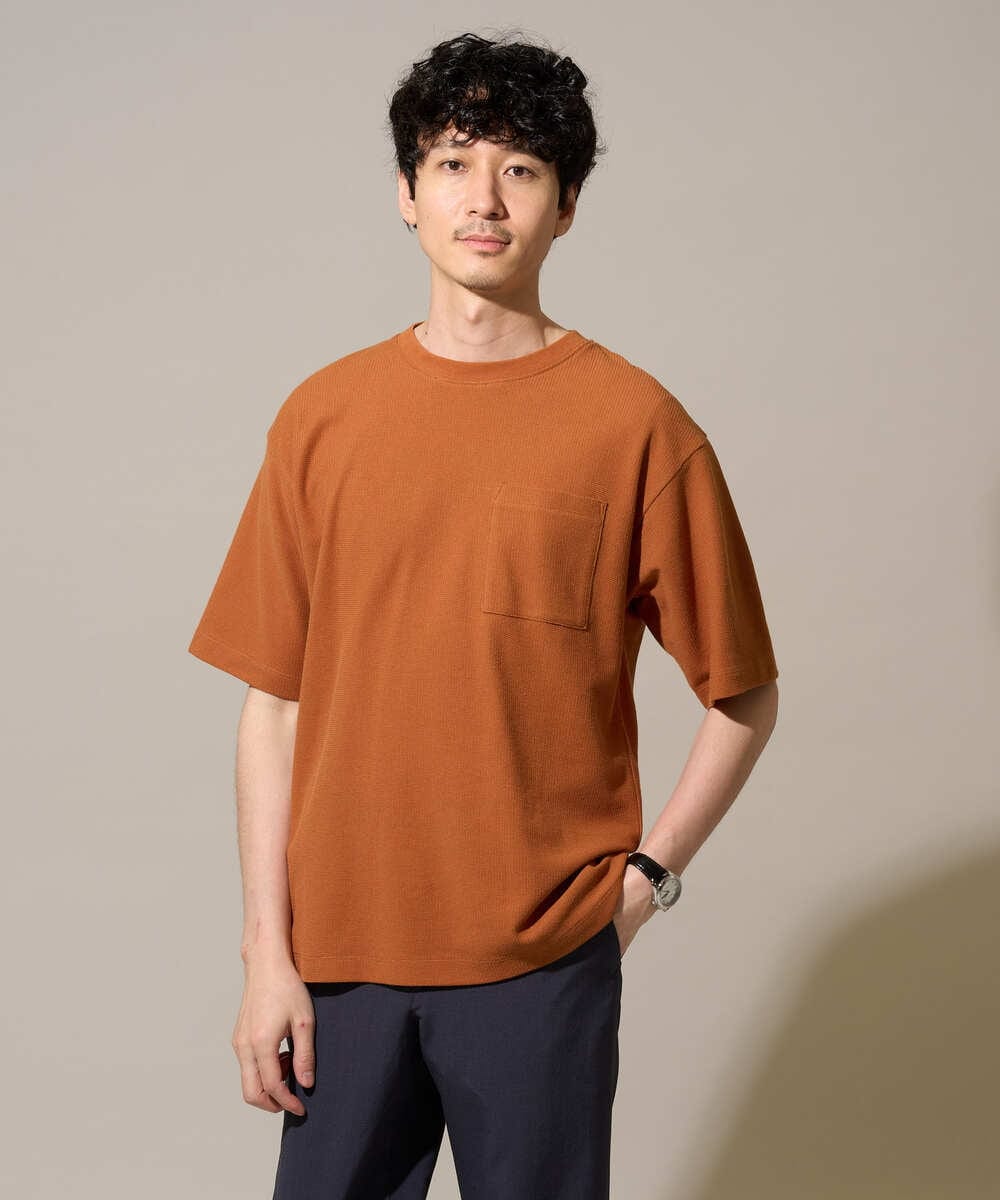 KHKHD58044 a.v.v MEN(アー・ヴェ・ヴェ) ＼ジャケットインにもおすすめ！／ハニカムジャカードクルーネックカットソー【接触冷感/遮熱洗濯機で洗える/イージーケア/毛玉になりにくい】 オレンジ