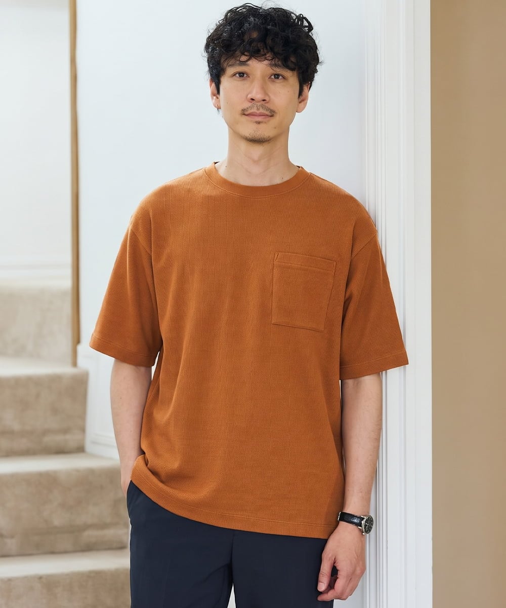 KHKHD58044 a.v.v MEN(アー・ヴェ・ヴェ) ＼ジャケットインにもおすすめ！／ハニカムジャカードクルーネックカットソー【接触冷感/遮熱洗濯機で洗える/イージーケア/毛玉になりにくい】 オレンジ