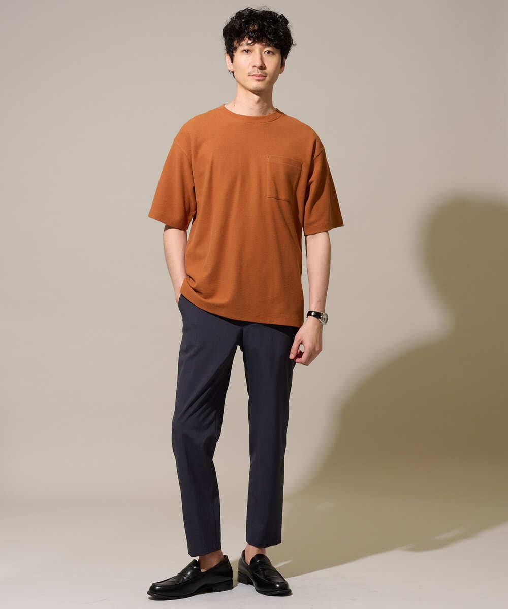 KHKHD58044 a.v.v MEN(アー・ヴェ・ヴェ) ＼ジャケットインにもおすすめ！／ハニカムジャカードクルーネックカットソー【接触冷感/遮熱洗濯機で洗える/イージーケア/毛玉になりにくい】 オレンジ