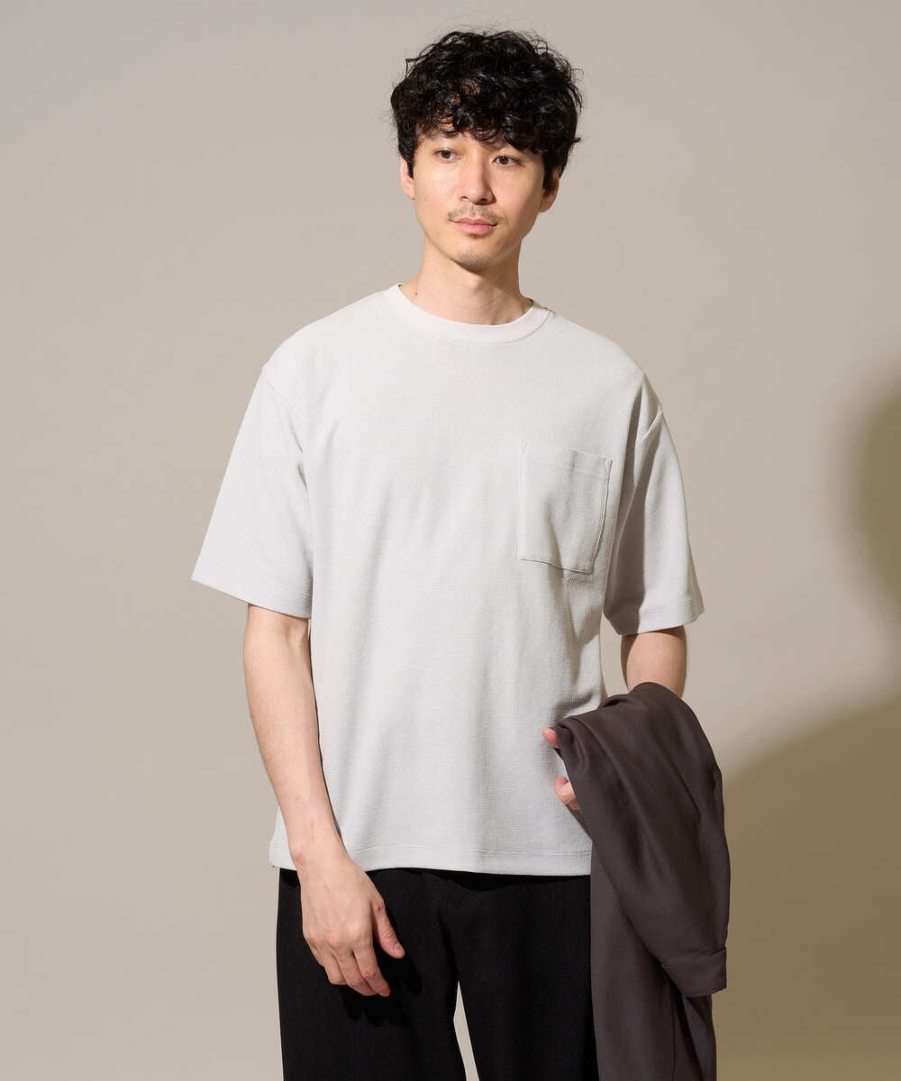 KHKHD58044 a.v.v MEN(アー・ヴェ・ヴェ) ＼ジャケットインにもおすすめ！／ハニカムジャカードクルーネックカットソー【接触冷感/遮熱洗濯機で洗える/イージーケア/毛玉になりにくい】 オレンジ