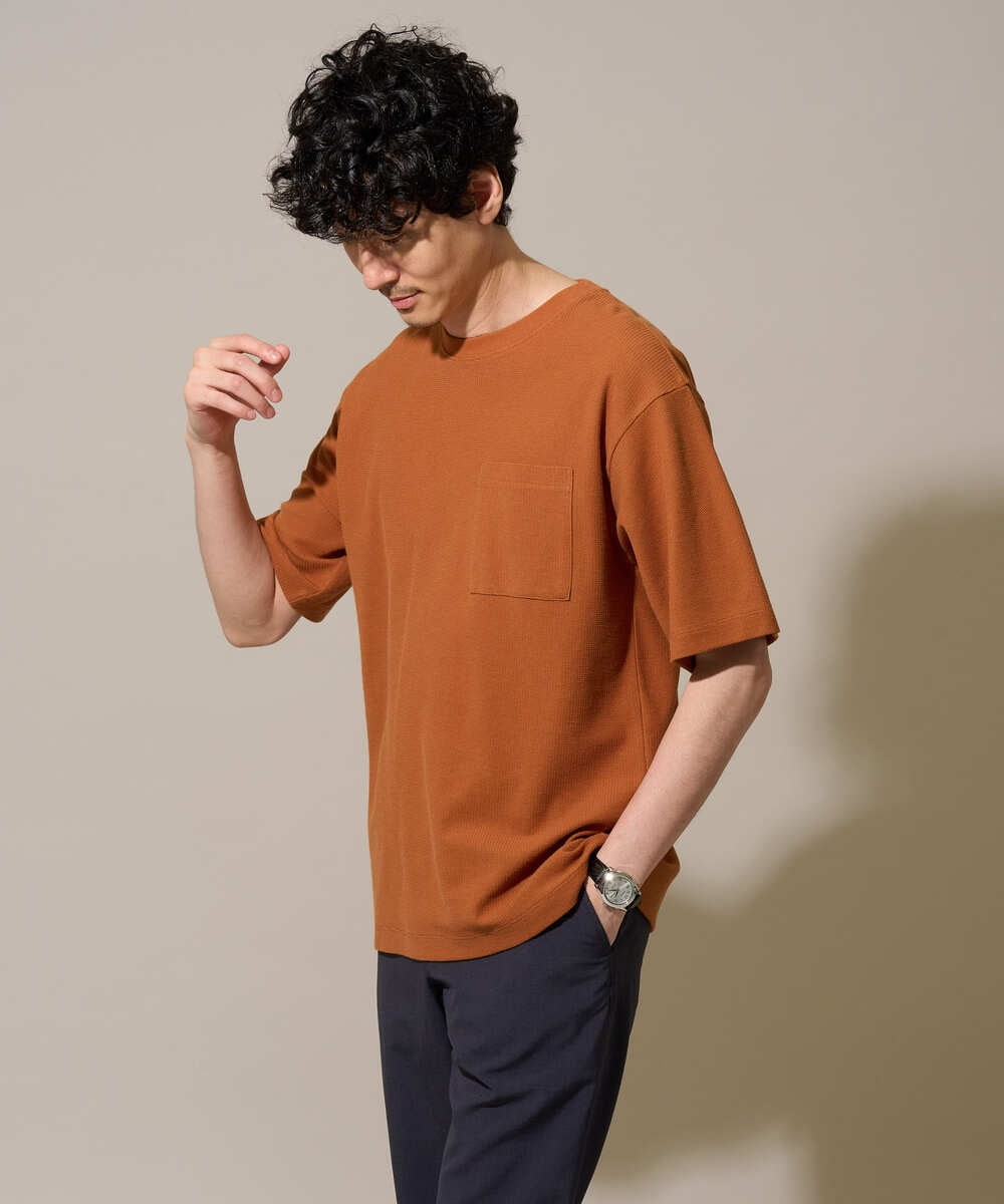 KHKHD58044 a.v.v MEN(アー・ヴェ・ヴェ) ＼ジャケットインにもおすすめ！／ハニカムジャカードクルーネックカットソー【接触冷感/遮熱洗濯機で洗える/イージーケア/毛玉になりにくい】 オレンジ