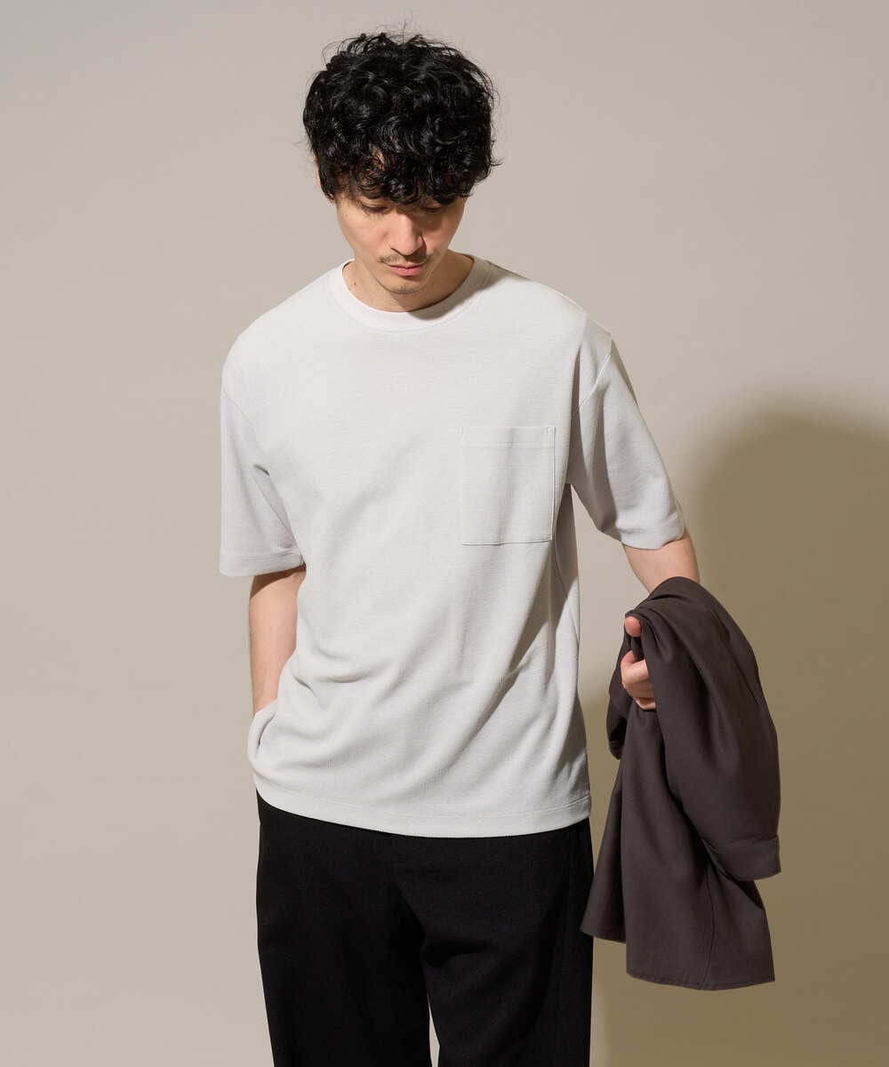 KHKHD58044 a.v.v MEN(アー・ヴェ・ヴェ) ＼ジャケットインにもおすすめ！／ハニカムジャカードクルーネックカットソー【接触冷感/遮熱洗濯機で洗える/イージーケア/毛玉になりにくい】 ライトグレー