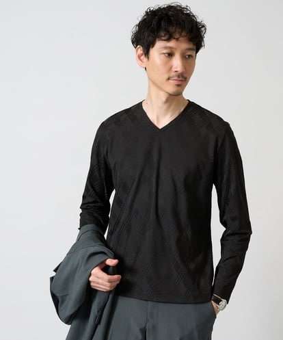 KHKJA72044  【ジャケット映えカットソー】ダイヤジャカードＶネックＴシャツ　通勤/ビジネス/ジャケット【イージーケア/毛玉になりにくい】〈ON/OFF SERIES〉