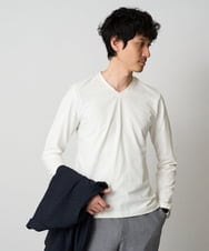 KHKJA73044 a.v.v MEN(アー・ヴェ・ヴェ) 【ジャケット映え】針抜きジャカードＶネックＴシャツ【洗濯機で洗える/毛玉になりにくい】通勤/ビジネス/ジャケット〈ON/OFF SERIES〉 ホワイト