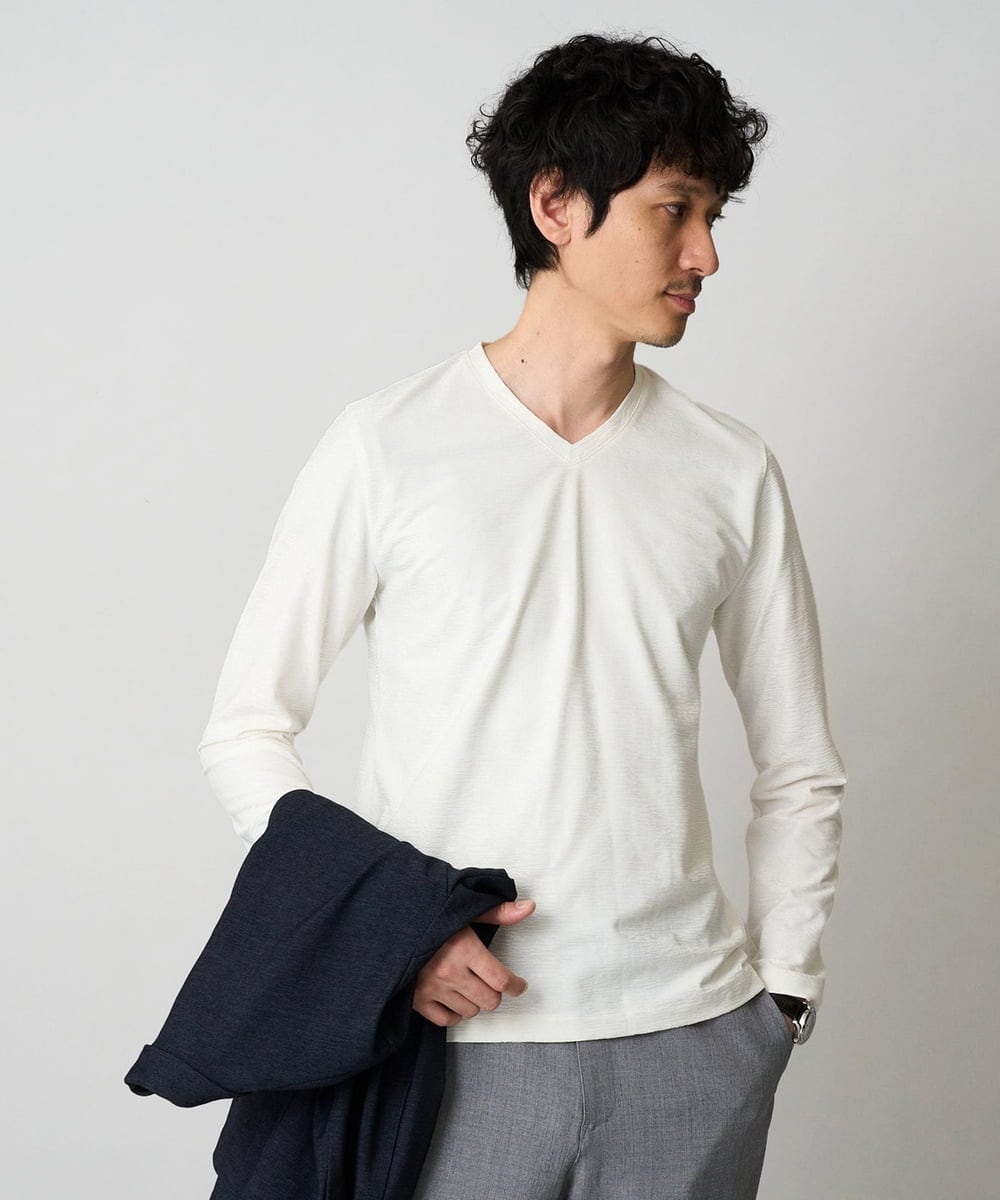KHKJA73044 a.v.v MEN(アー・ヴェ・ヴェ) 【ジャケット映え】針抜きジャカードＶネックＴシャツ【洗濯機で洗える/毛玉になりにくい】通勤/ビジネス/ジャケット〈ON/OFF SERIES〉 ホワイト