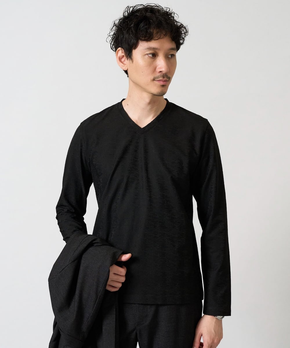 KHKJA73044 a.v.v MEN(アー・ヴェ・ヴェ) 【ジャケット映え】針抜きジャカードＶネックＴシャツ【洗濯機で洗える/毛玉になりにくい】通勤/ビジネス/ジャケット〈ON/OFF SERIES〉 ブラック