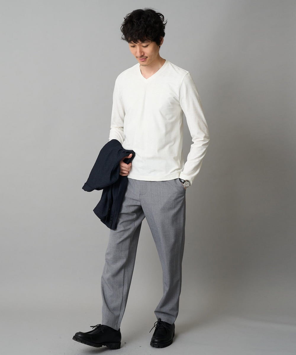 KHKJA73044 a.v.v MEN(アー・ヴェ・ヴェ) 【ジャケット映え】針抜きジャカードＶネックＴシャツ【洗濯機で洗える/毛玉になりにくい】通勤/ビジネス/ジャケット〈ON/OFF SERIES〉 ブラック