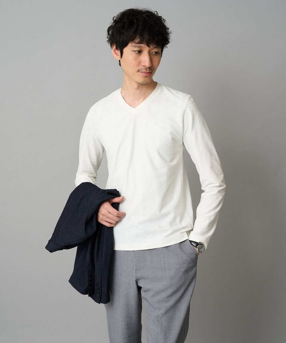 KHKJA73044 a.v.v MEN(アー・ヴェ・ヴェ) 【ジャケット映え】針抜きジャカードＶネックＴシャツ【洗濯機で洗える/毛玉になりにくい】通勤/ビジネス/ジャケット〈ON/OFF SERIES〉 ブラック