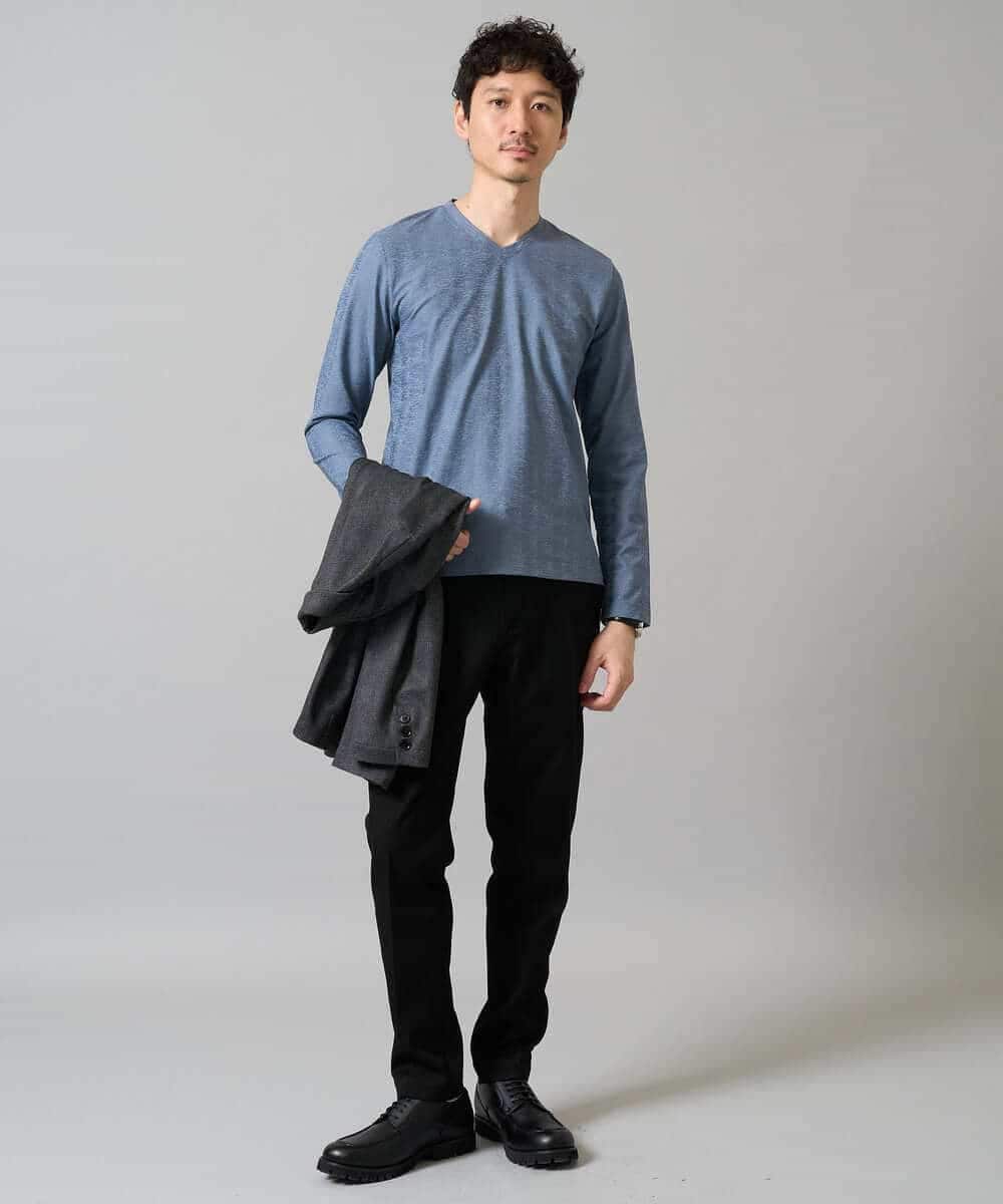 KHKJA73044 a.v.v MEN(アー・ヴェ・ヴェ) 【ジャケット映え】針抜きジャカードＶネックＴシャツ【洗濯機で洗える/毛玉になりにくい】通勤/ビジネス/ジャケット〈ON/OFF SERIES〉 ブラック
