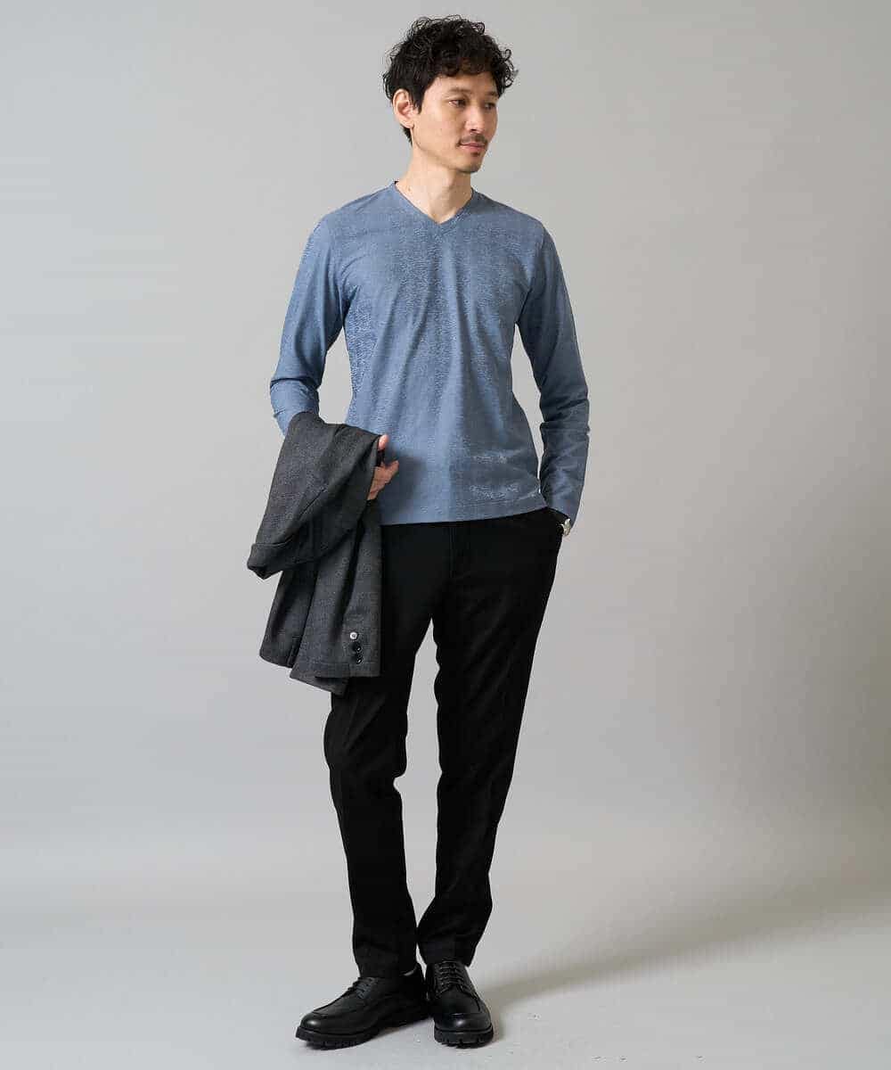 KHKJA73044 a.v.v MEN(アー・ヴェ・ヴェ) 【ジャケット映え】針抜きジャカードＶネックＴシャツ【洗濯機で洗える/毛玉になりにくい】通勤/ビジネス/ジャケット〈ON/OFF SERIES〉 ブラック