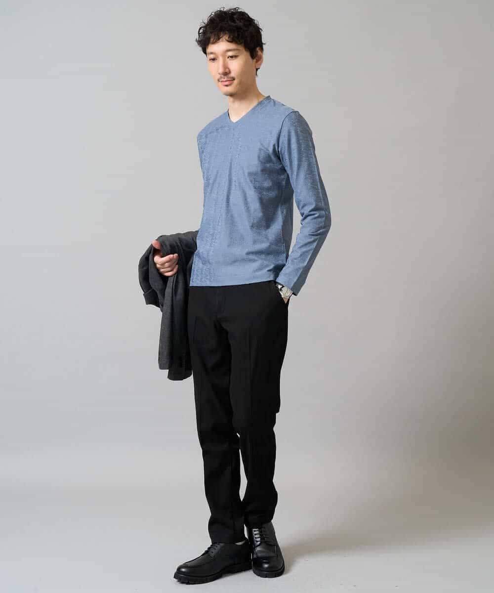 KHKJA73044 a.v.v MEN(アー・ヴェ・ヴェ) 【ジャケット映え】針抜きジャカードＶネックＴシャツ【洗濯機で洗える/毛玉になりにくい】通勤/ビジネス/ジャケット〈ON/OFF SERIES〉 ブラック