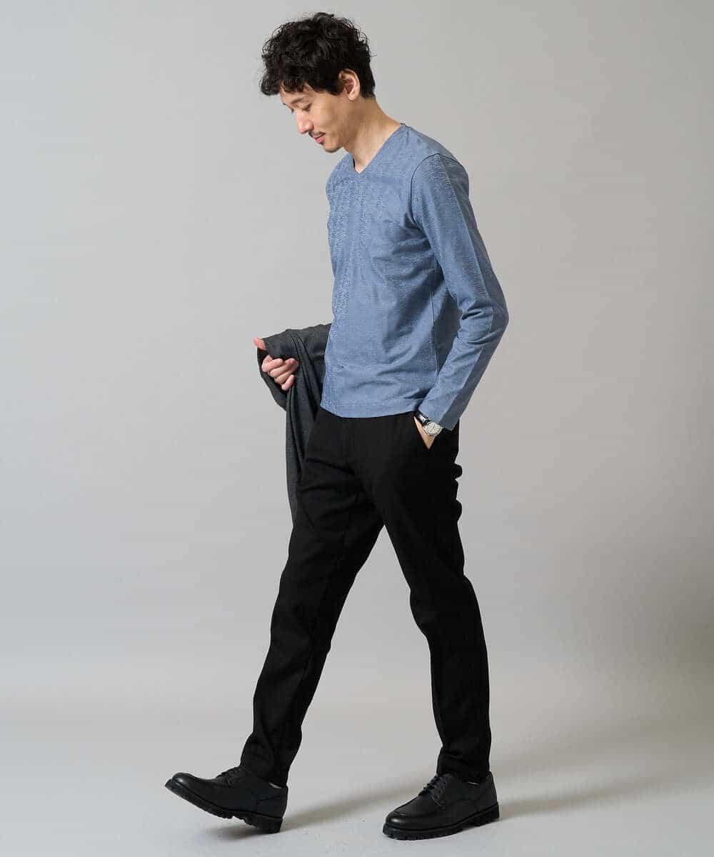 KHKJA73044 a.v.v MEN(アー・ヴェ・ヴェ) 【ジャケット映え】針抜きジャカードＶネックＴシャツ【洗濯機で洗える/毛玉になりにくい】通勤/ビジネス/ジャケット〈ON/OFF SERIES〉 ブラック