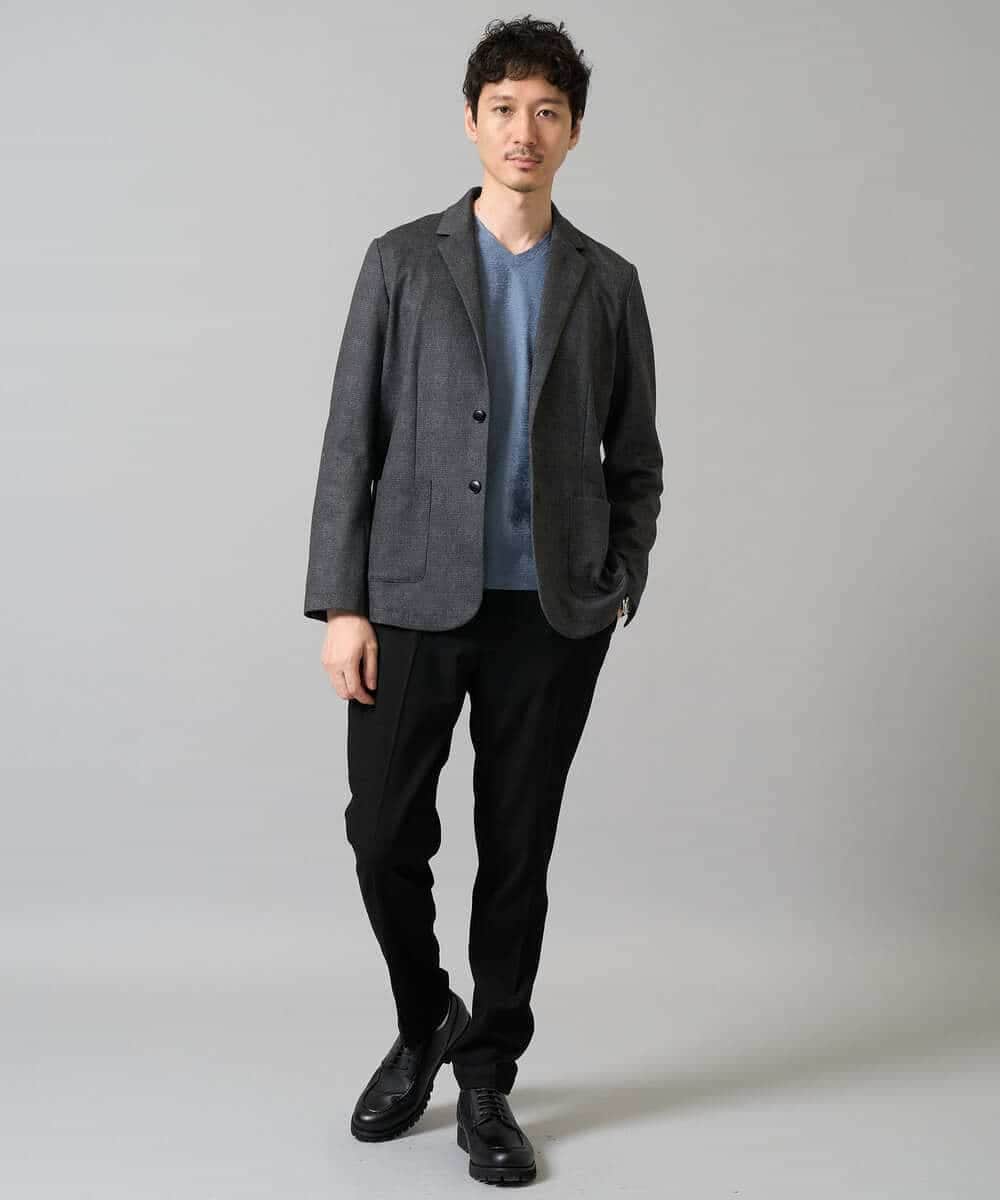 KHKJA73044 a.v.v MEN(アー・ヴェ・ヴェ) 【ジャケット映え】針抜きジャカードＶネックＴシャツ【洗濯機で洗える/毛玉になりにくい】通勤/ビジネス/ジャケット〈ON/OFF SERIES〉 ブラック