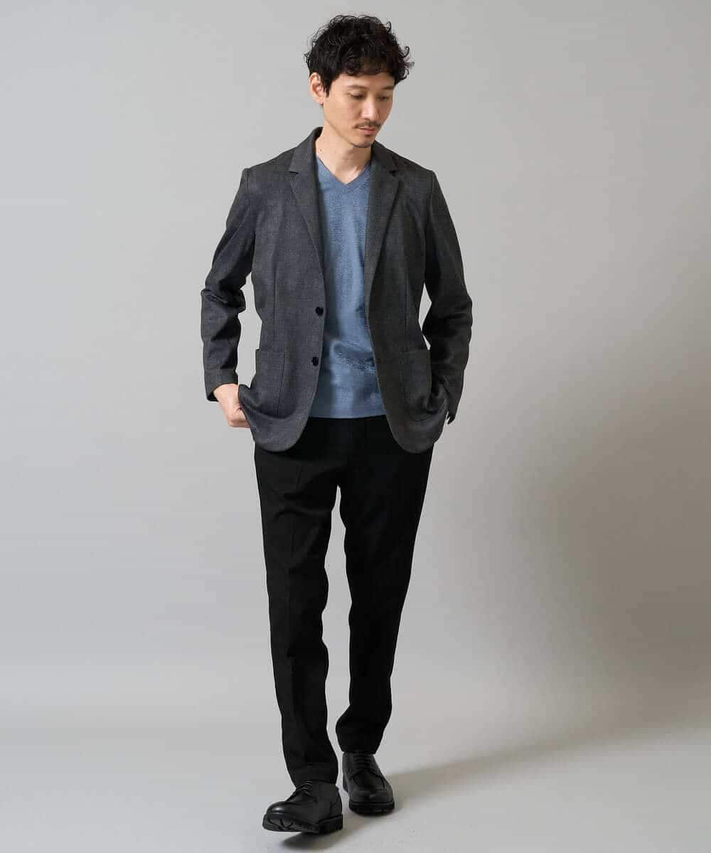 KHKJA73044 a.v.v MEN(アー・ヴェ・ヴェ) 【ジャケット映え】針抜きジャカードＶネックＴシャツ【洗濯機で洗える/毛玉になりにくい】通勤/ビジネス/ジャケット〈ON/OFF SERIES〉 ブラック