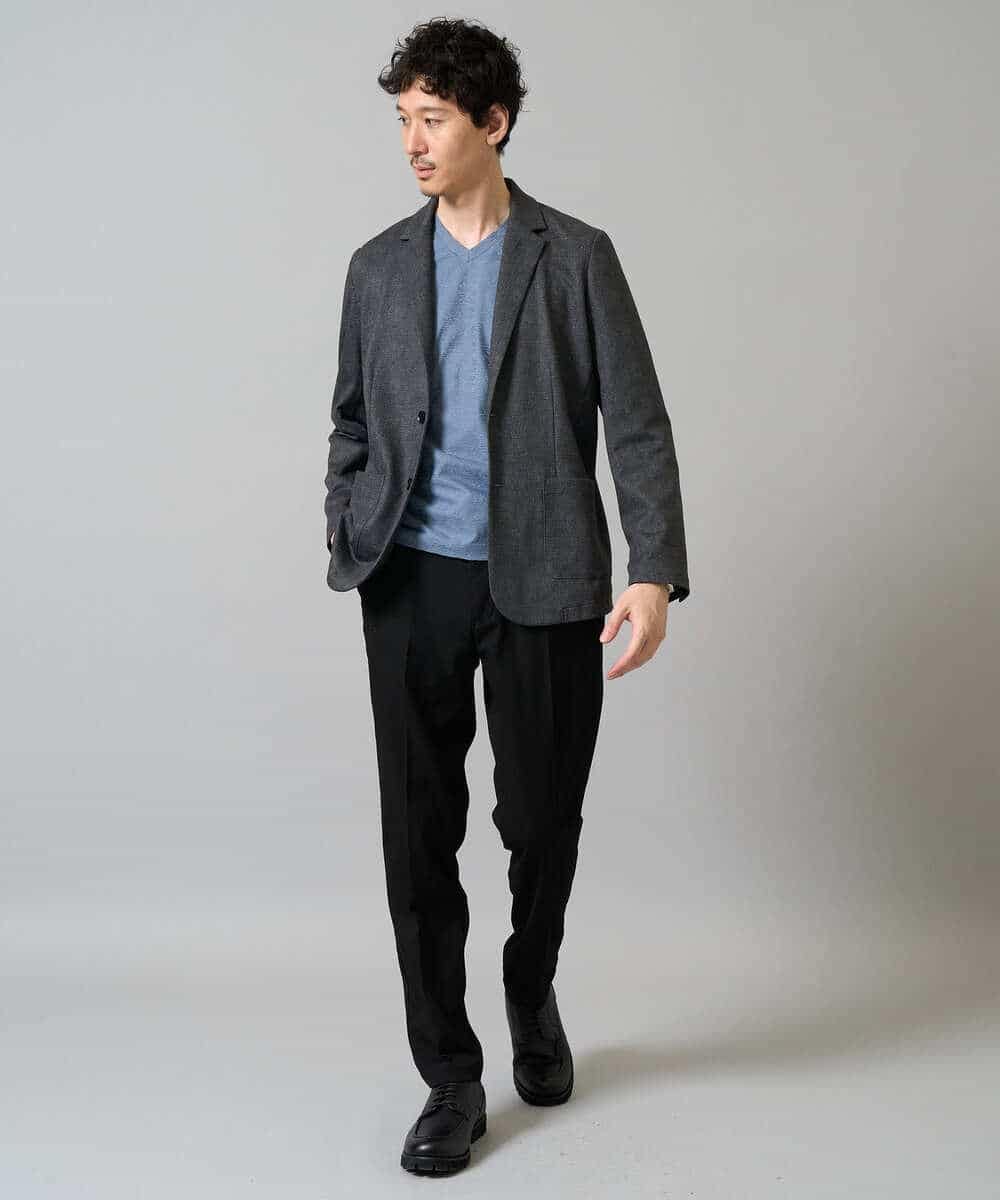 KHKJA73044 a.v.v MEN(アー・ヴェ・ヴェ) 【ジャケット映え】針抜きジャカードＶネックＴシャツ【洗濯機で洗える/毛玉になりにくい】通勤/ビジネス/ジャケット〈ON/OFF SERIES〉 ブラック