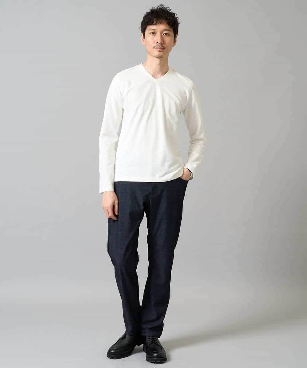 KHKJA73044 a.v.v MEN(アー・ヴェ・ヴェ) 【ジャケット映え】針抜きジャカードＶネックＴシャツ【洗濯機で洗える/毛玉になりにくい】通勤/ビジネス/ジャケット〈ON/OFF SERIES〉 ブラック