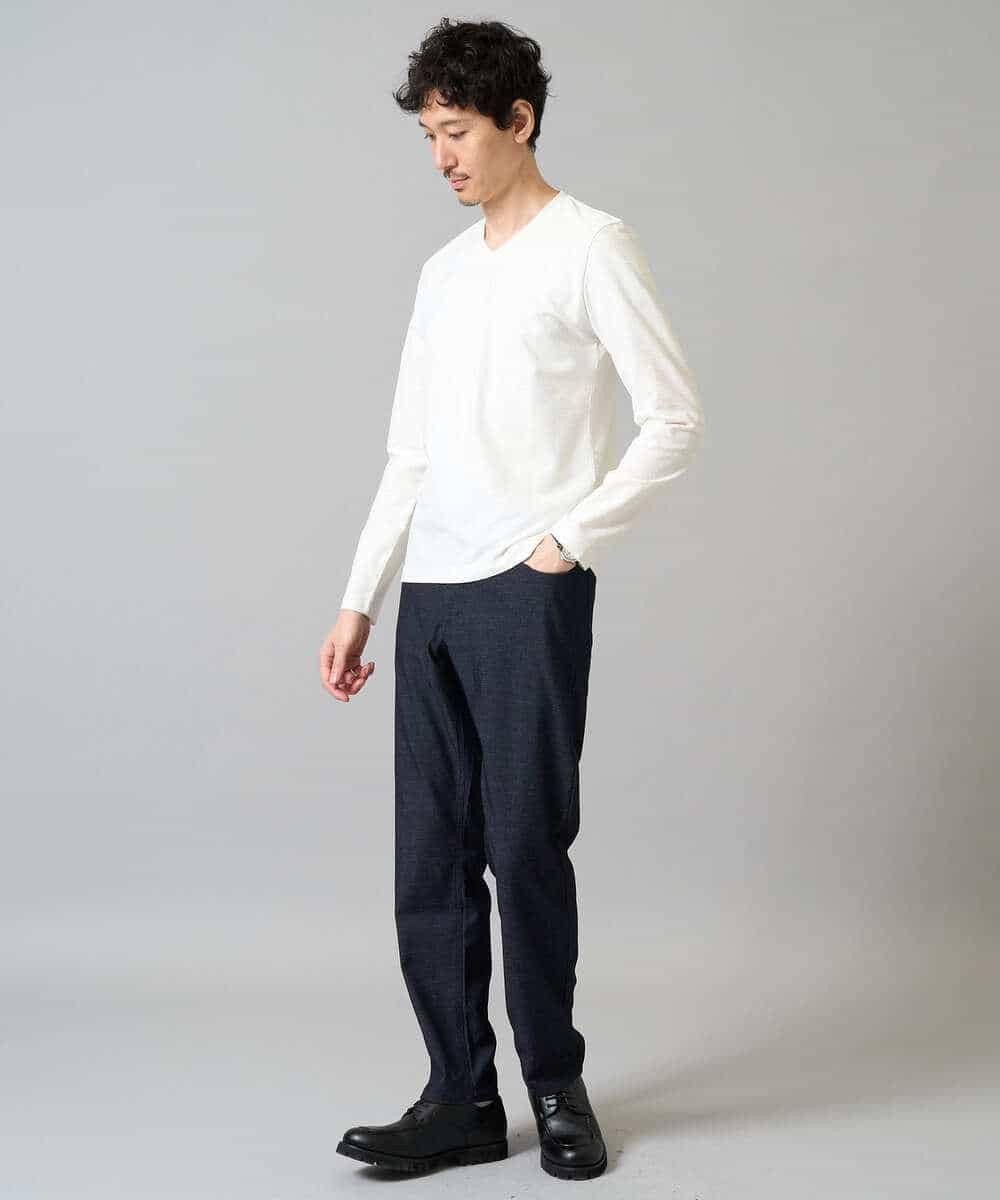 KHKJA73044 a.v.v MEN(アー・ヴェ・ヴェ) 【ジャケット映え】針抜きジャカードＶネックＴシャツ【洗濯機で洗える/毛玉になりにくい】通勤/ビジネス/ジャケット〈ON/OFF SERIES〉 ブラック