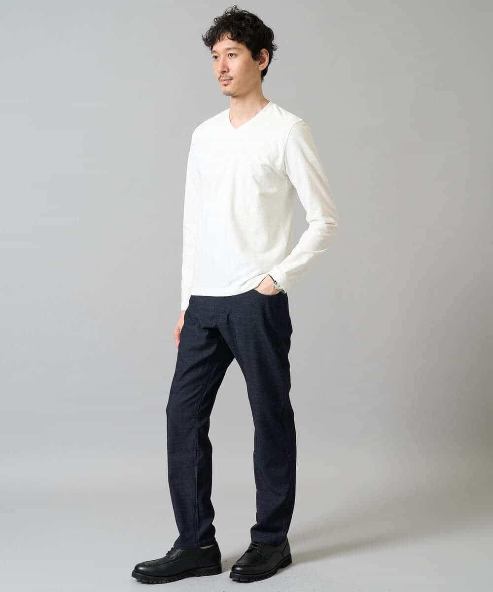 KHKJA73044 a.v.v MEN(アー・ヴェ・ヴェ) 【ジャケット映え】針抜きジャカードＶネックＴシャツ【洗濯機で洗える/毛玉になりにくい】通勤/ビジネス/ジャケット〈ON/OFF SERIES〉 ブラック