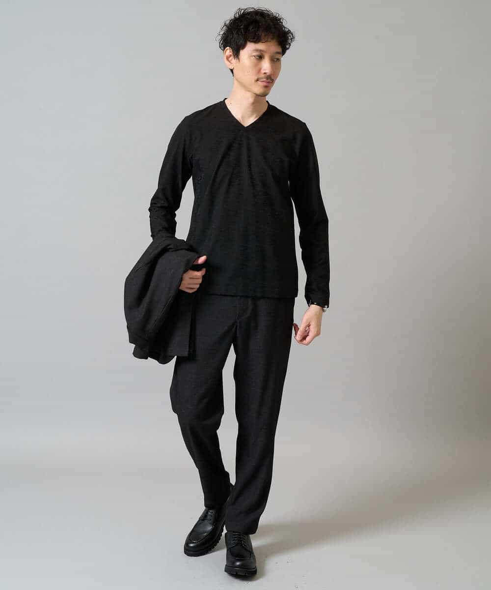 KHKJA73044 a.v.v MEN(アー・ヴェ・ヴェ) 【ジャケット映え】針抜きジャカードＶネックＴシャツ【洗濯機で洗える/毛玉になりにくい】通勤/ビジネス/ジャケット〈ON/OFF SERIES〉 ブラック