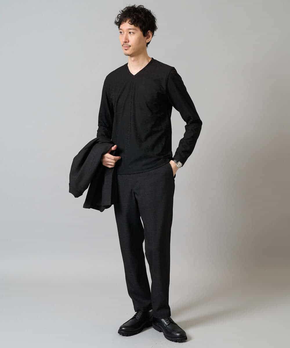 KHKJA73044 a.v.v MEN(アー・ヴェ・ヴェ) 【ジャケット映え】針抜きジャカードＶネックＴシャツ【洗濯機で洗える/毛玉になりにくい】通勤/ビジネス/ジャケット〈ON/OFF SERIES〉 ブラック